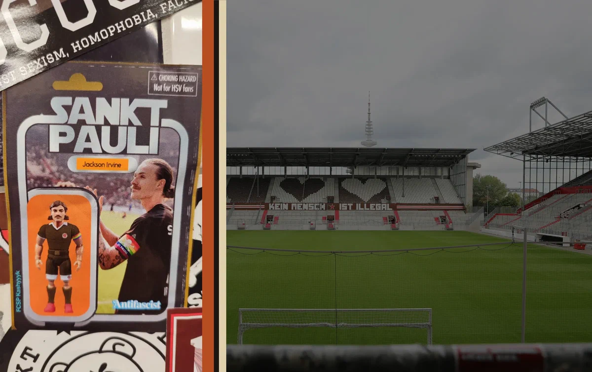 Eine Jackson-Irvine-Actionfigur im St.-Pauli-Trikot neben dem leeren Millerntor-Stadion